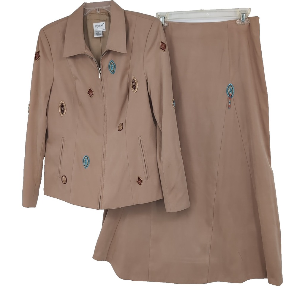 Together Women Tan Faux Suede Beaded Skirt Suit Set Southwestern Size 14